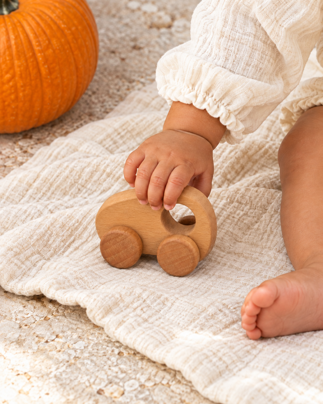 Little hands exploring a natural wooden Blesii grip car beside an autumn pumpkin