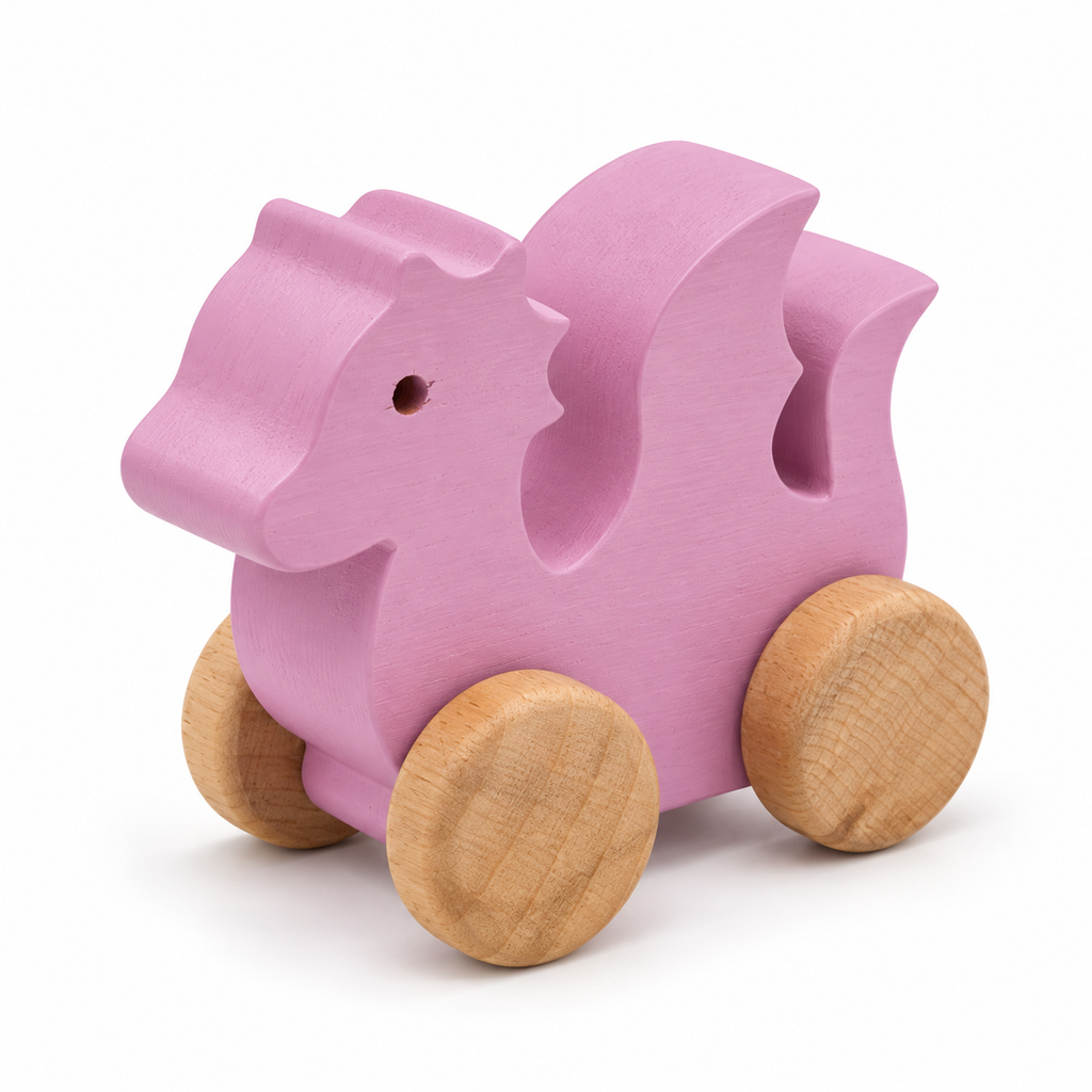 Dragon Wooden Car — pink, front three-quarter view