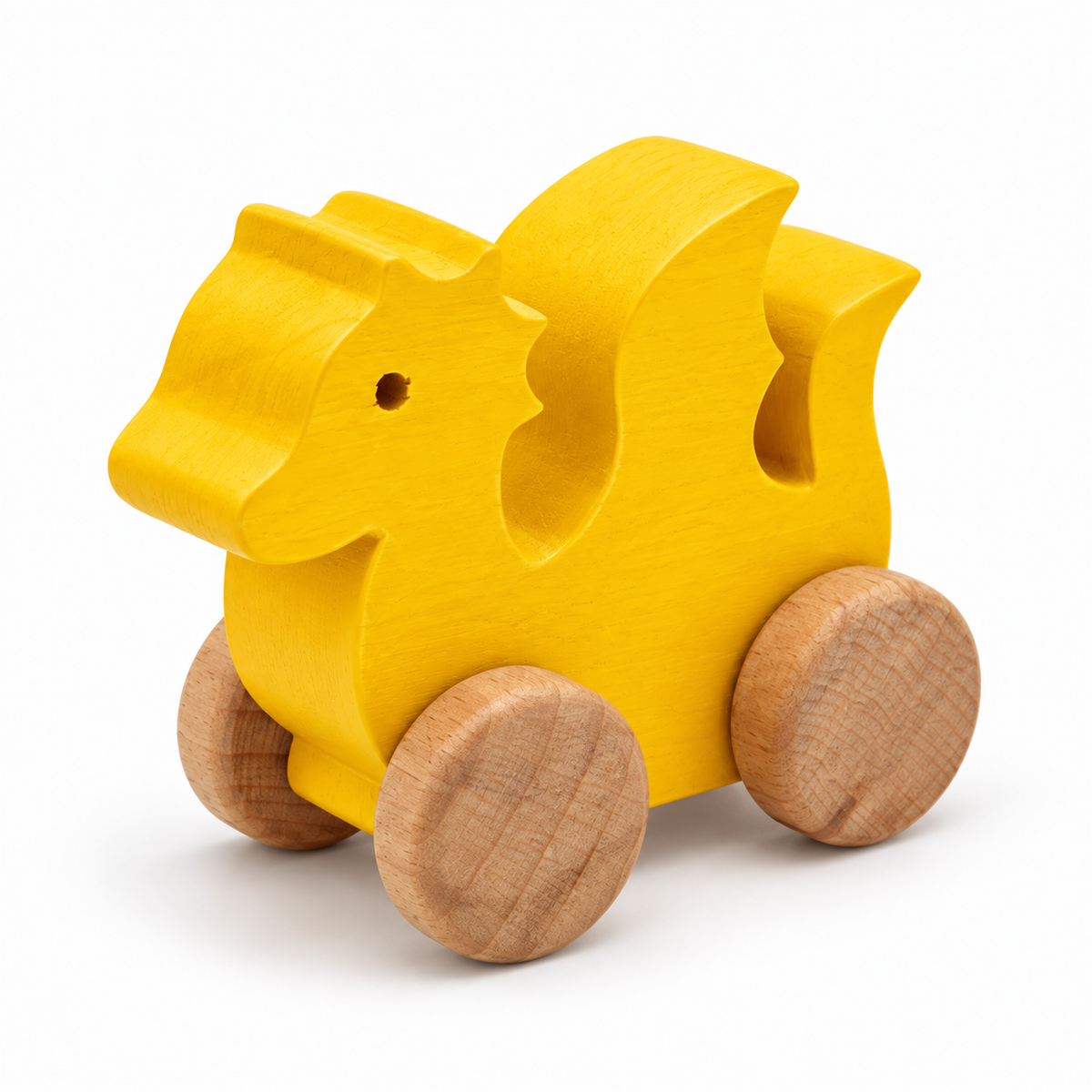 Dragon Wooden Car — yellow, front three-quarter view