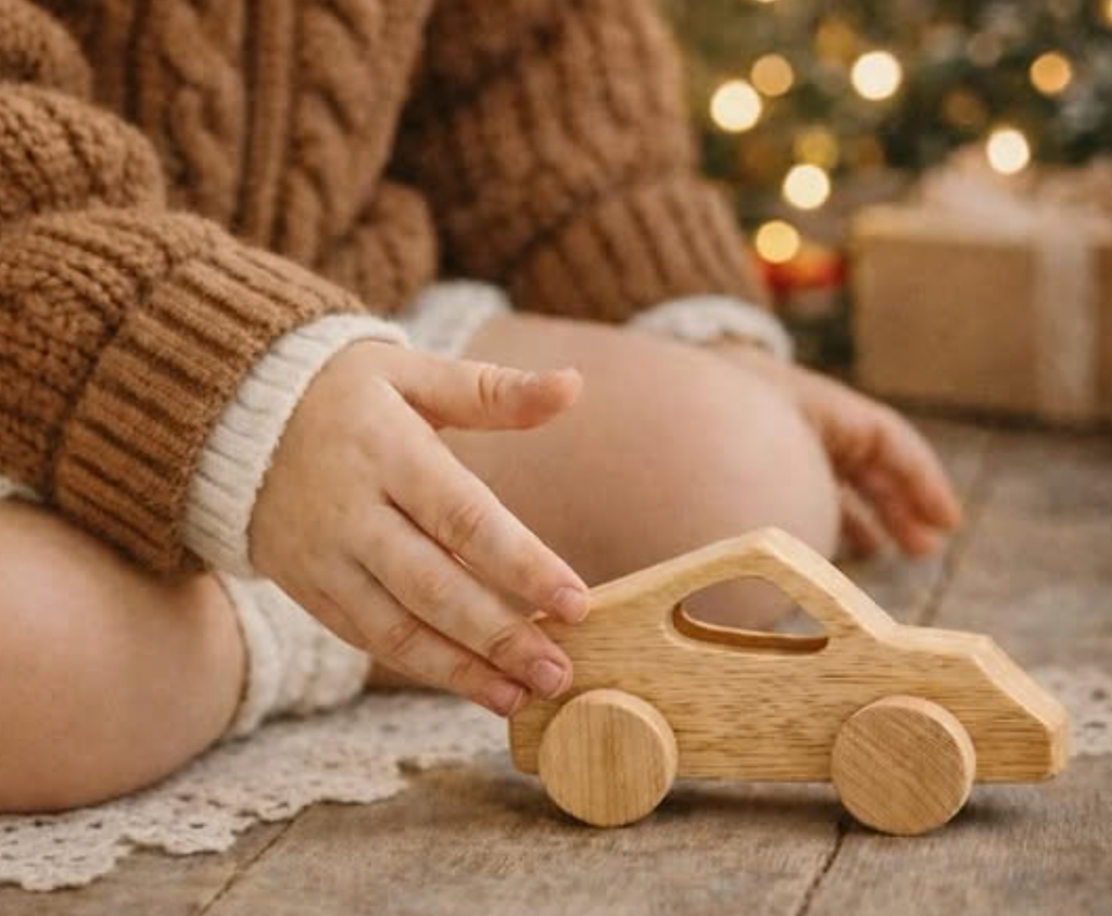 Natural Drift Wooden Car — child playing beside warm festive lights