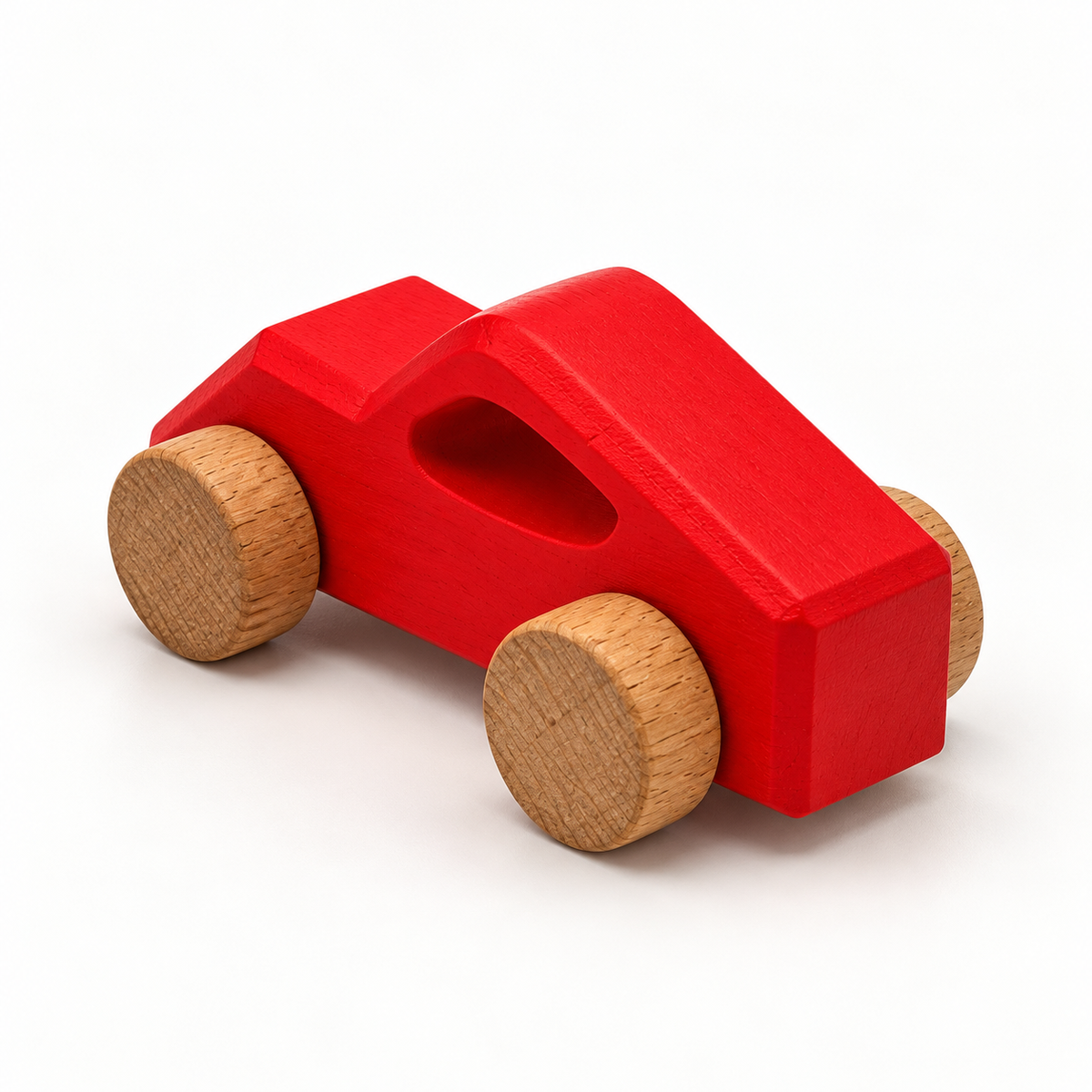 Drift Wooden Car — red, rear three-quarter view