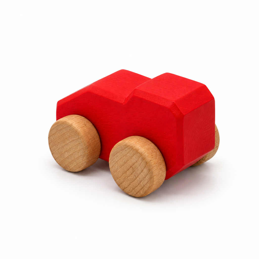 Mono Wooden Car — red, rear three-quarter view