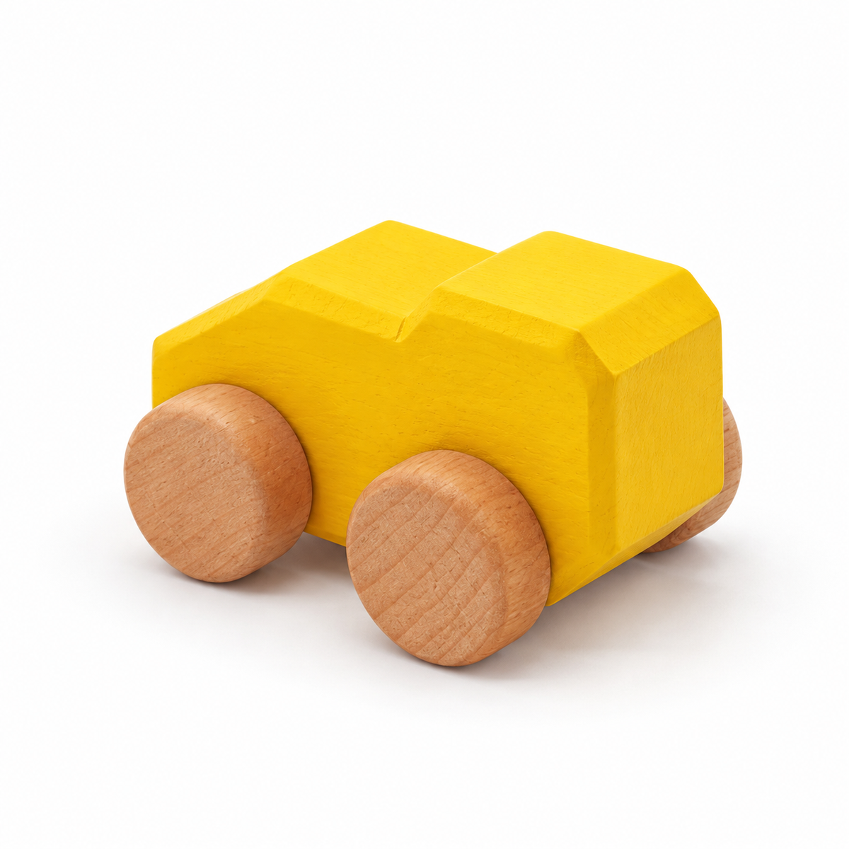 Mono Wooden Car — yellow, rear three-quarter view